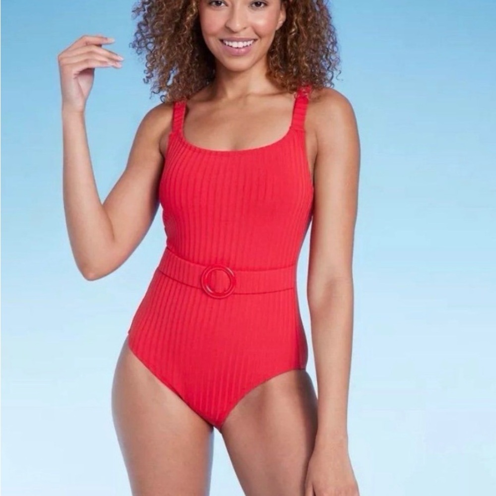 Kona Sol Red Ribbed One-Piece Swimsuit with Belt